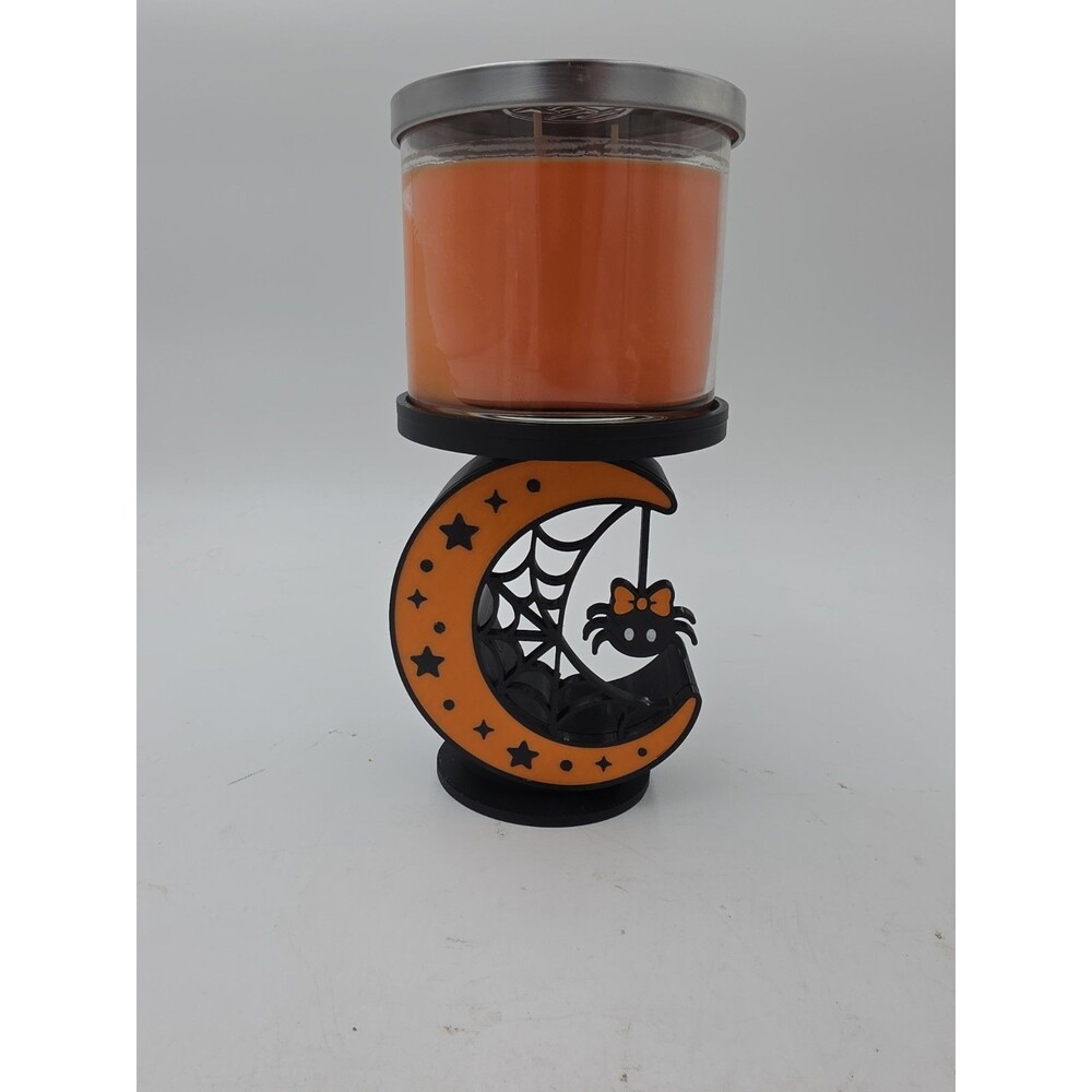 Handmade 3D Printed Halloween Crescent Moon Spider Candle Holder. Black Orange